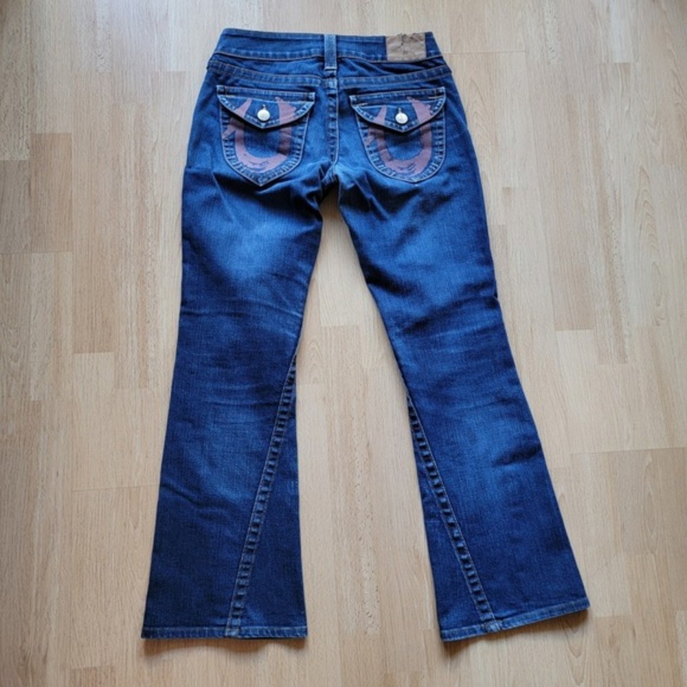 True Religion Y2K Womens 27 Low Rise Flare Jeans Blue Graphic Back Flap Pockets‎